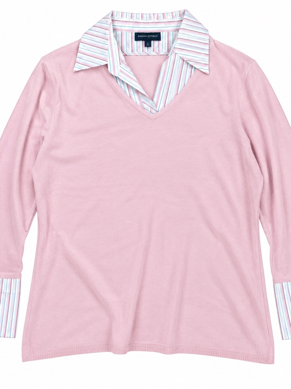 Carolyn Taylor Woman Pink V-Neck Layered Striped Collar Cuff Sweater Top
